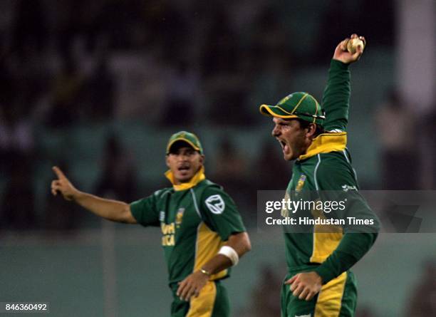 Champions Trophy: South African Graeme Smith reacts after taking catch of Lasith Malinga in the ICC Champions Trophy at the Sardar Patel Gujarat...