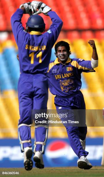 Champions Trophy: Sri Lankas bowler Chaminda Vaas celebrates after the dismissal of South African Boeta Dippenaar in the ICC Champions Trophy at the...