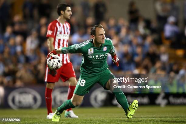 Eugene Galekovic of City FC passes during the FFA Cup Quarter Final match between Sydney FC and Melbourne City at Leichhardt Oval on September 13,...