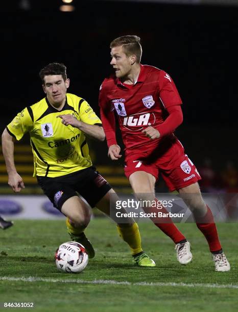 Ryan Kitto of Adelaide United competes for the ball during the FFA Cup Quarter Final match between Heidelberg United FC and Adelaide United at...
