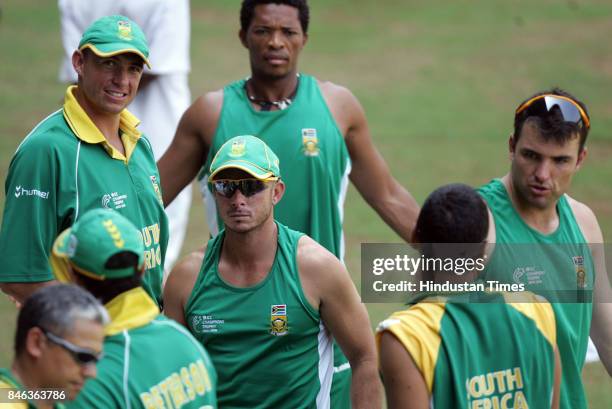 South Africa's Herschelle Gibbs talking with his teammates during a practice match against the Mumbai cricket team during the ICC Champions Trophy...