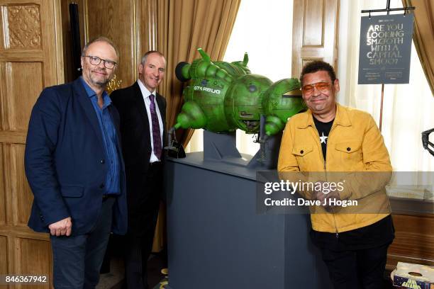 Robert Llewellyn, Chris Barrie and Craig Charles attend the UKTV Live 2017 photocall at Claridges Hotel on September 13, 2017 in London, England....