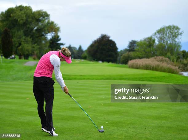 Lexi Thompson of USA plays a shot during the pro - am prior to the start of The Evian Championship at Evian Resort Golf Club on September 13, 2017 in...