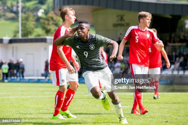 Youssoufa Moukoko of Germany reacts after scoring a goal during the International Friendly match between U16 Germany and U16 Austria on September 13,...