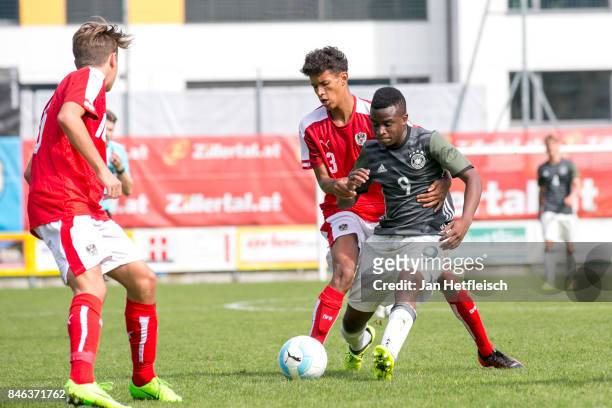 Youssoufa Moukoko of Germany fights for the ball during the International Friendly match between U16 Germany and U16 Austria on September 13, 2017 in...