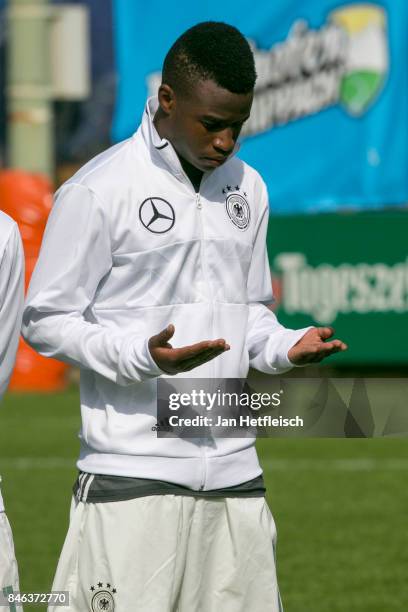 Youssoufa Moukoko of Germany gestures during the International Friendly match between U16 Germany and U16 Austria on September 13, 2017 in Zell am...