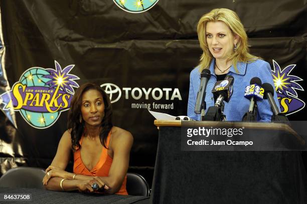 Los Angeles Sparks co-owner Carla Christofferson speaks during Lisa Leslie's announcement of her retirement at the end of the 2009 WNBA season during...