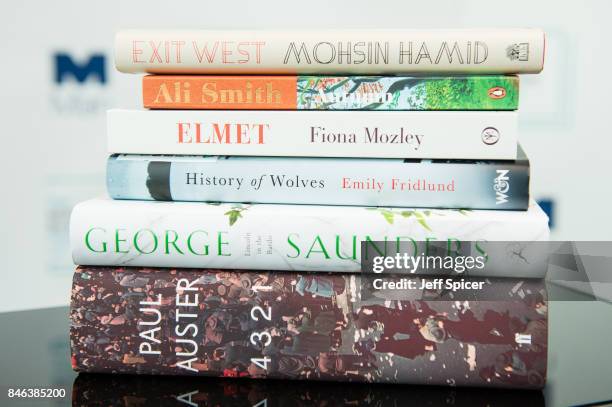 View of the six books featured in the shortlist during The Man Booker Prize 2017 shortlist announcement held at Man Group, Riverbank House on...