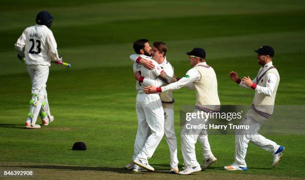 Peter Trego of Somerset celebrates after dismissing Haseeb Hameed of Lancashire during Day Two of the Specsavers County Championship Division One...