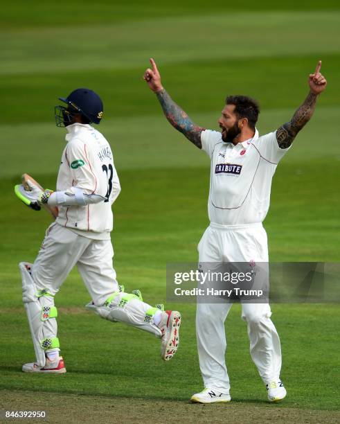 Peter Trego of Somerset celebrates after dismissing Haseeb Hameed of Lancashire during Day Two of the Specsavers County Championship Division One...