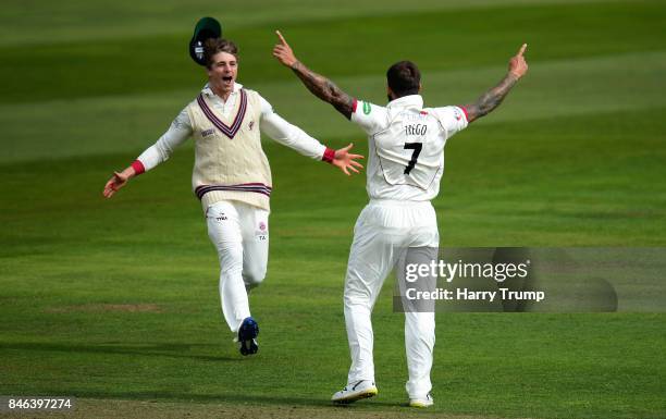 Tom Abell and Peter Trego of Somerset celebrates after dismissing Haseeb Hameed of Lancashire during Day Two of the Specsavers County Championship...