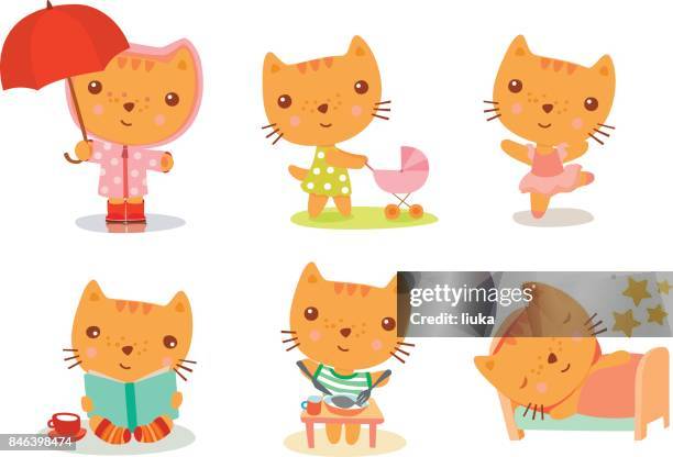 cartoon kitty everyday activites set - dancing in the rain stock illustrations