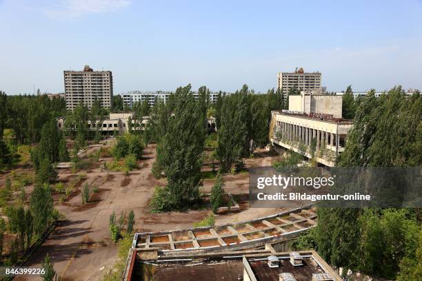 Ukraine. In the Restricted and Uninhabitable 30 Kilometer Zone Around the Chernobyl Power Plant and the Pripyat Labor Camp. Buildings In the City...