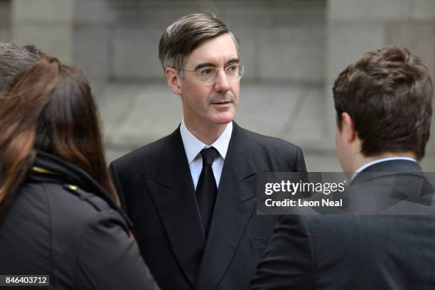 Conservative MP for North East Somerset Jacob Rees-Mogg arrives at Westminster Cathedral for the funeral of the late British Cardinal Cormac...