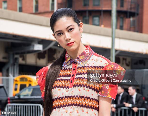 Actress Hikari Mori is seen arriving to Coach Spring 2018 fashion show during New York Fashion Week at Basketball City - Pier 36 - South Street on...