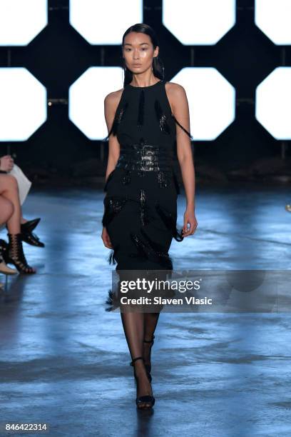 Model walks the runway for TRESemme at Sally LaPointe NYFW SS18 on September 12, 2017 in New York City. On September 12, 2017 in New York City.
