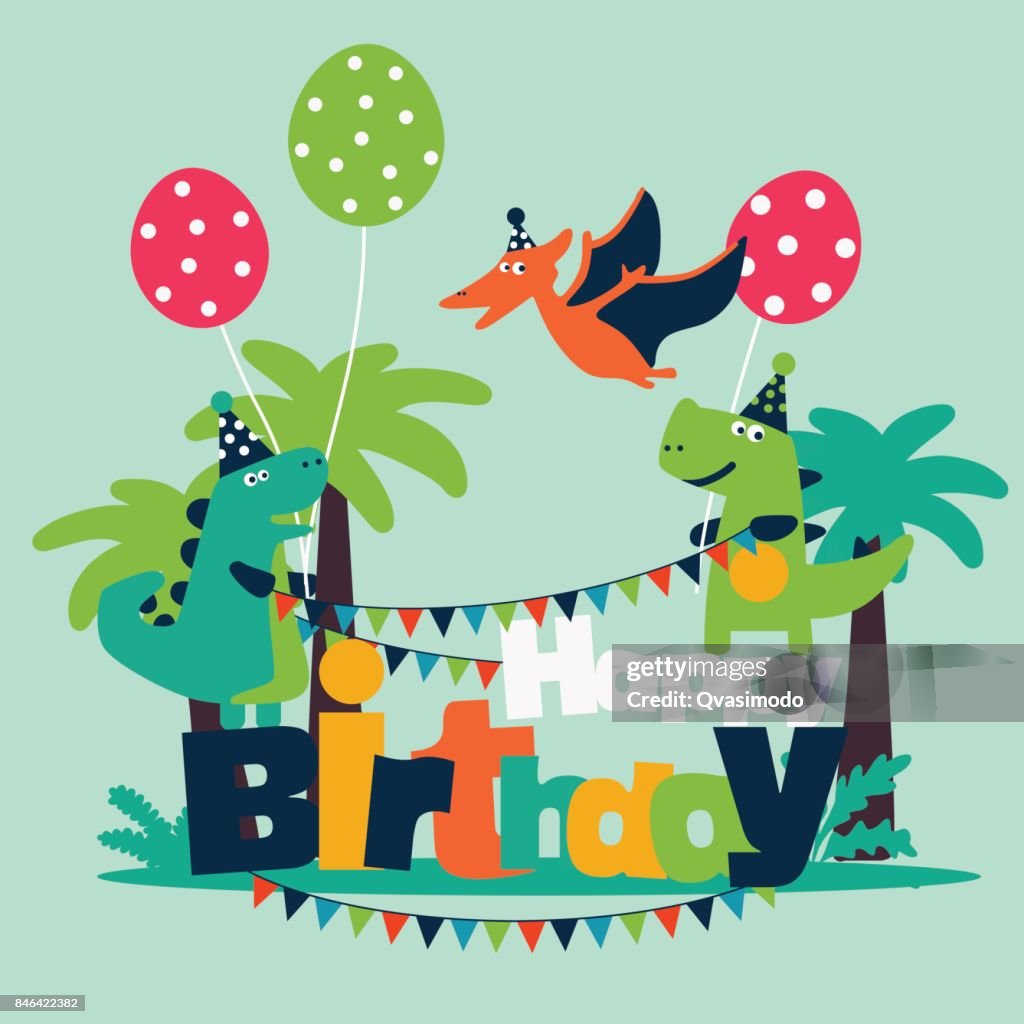 Happy Birthday Lovely Vector Card With Funny Dinosaurs Balloons And  Garlands Ideal For Cards Invitations Party Banners Kindergarten Preschool  And Children Room Decoration High-Res Vector Graphic - Getty Images