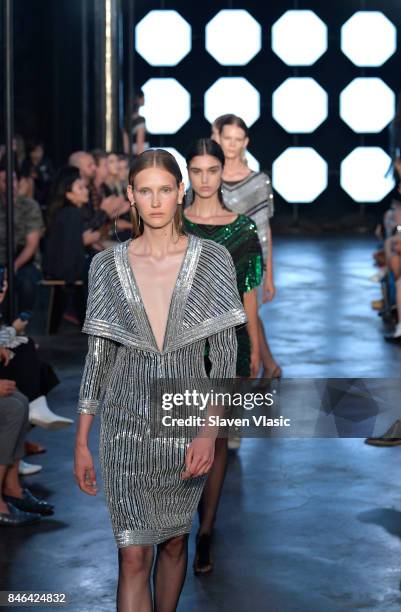 Model walks the runway for TRESemme at Sally LaPointe NYFW SS18 on September 12, 2017 in New York City. On September 12, 2017 in New York City.