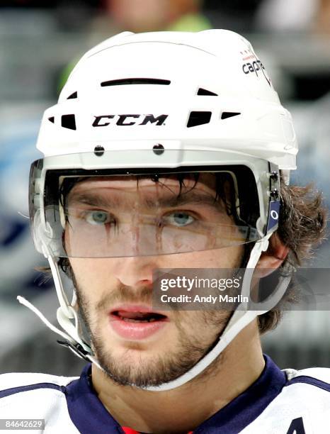 Alex Ovechkin of the Washington Capitals looks on against the New Jersey Devils at the Prudential Center on February 3, 2009 in Newark, New Jersey....