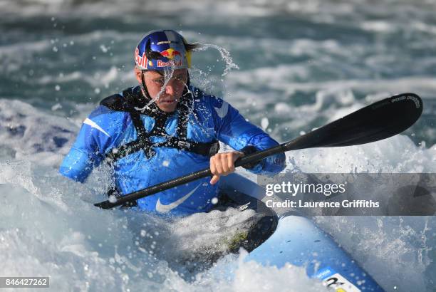 Joseph Clarke of Great Britain trains in the Kayak Single at Lee Valley White Water Centre on September 13, 2017 in London, England.