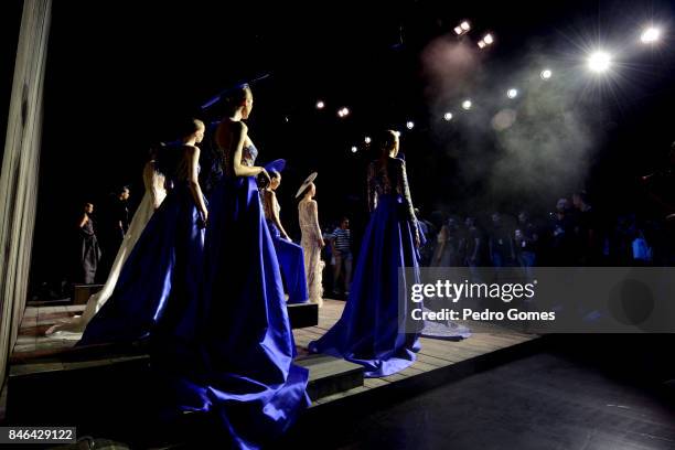 Models pose at the Mehmet Korkmaz presentation during Mercedes-Benz Istanbul Fashion Week September 2017 at Zorlu Center on September 13, 2017 in...