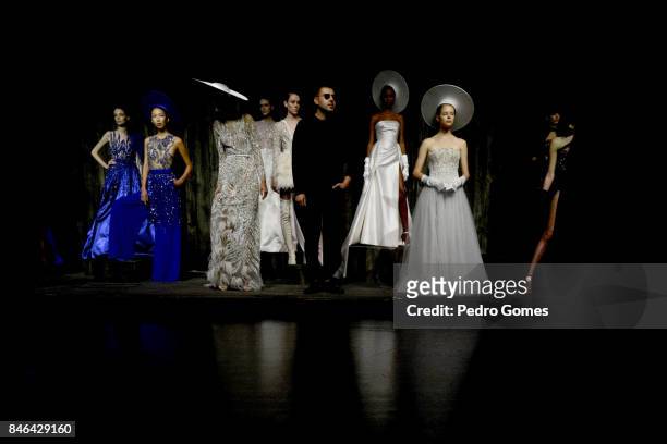 Models pose at the Mehmet Korkmaz presentation during Mercedes-Benz Istanbul Fashion Week September 2017 at Zorlu Center on September 13, 2017 in...