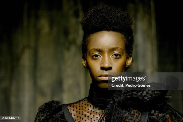 Model poses at the Mehmet Korkmaz presentation during Mercedes-Benz Istanbul Fashion Week September 2017 at Zorlu Center on September 13, 2017 in...