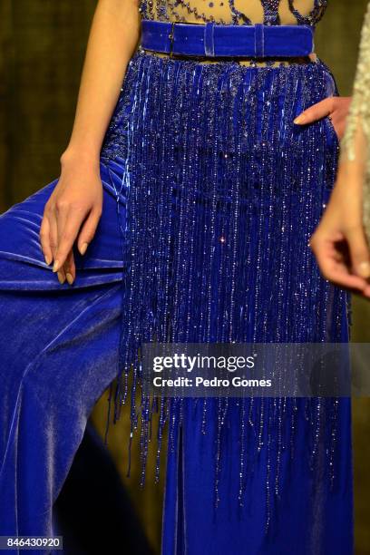 Model, dress detail, poses at the Mehmet Korkmaz presentation during Mercedes-Benz Istanbul Fashion Week September 2017 at Zorlu Center on September...