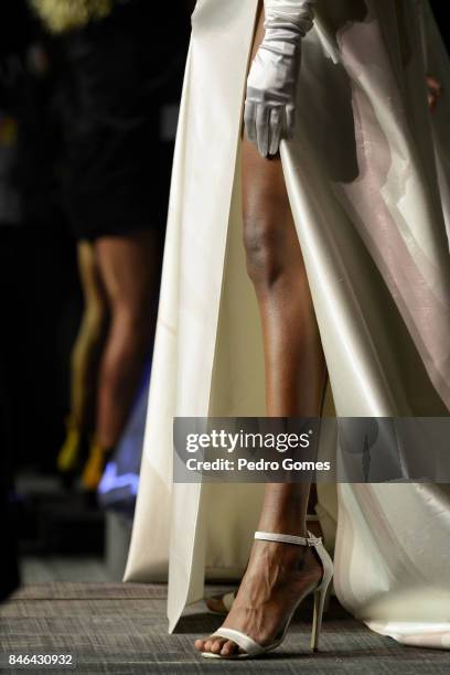 Model, dress detail, poses at the Mehmet Korkmaz presentation during Mercedes-Benz Istanbul Fashion Week September 2017 at Zorlu Center on September...