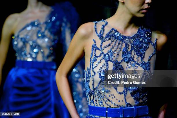 Model, dress detail, poses at the Mehmet Korkmaz presentation during Mercedes-Benz Istanbul Fashion Week September 2017 at Zorlu Center on September...