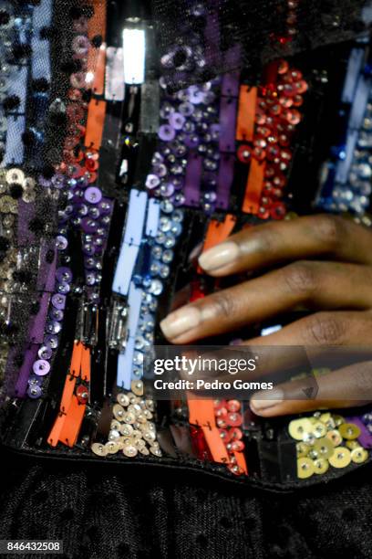 Model, dress detail, poses at the Mehmet Korkmaz presentation during Mercedes-Benz Istanbul Fashion Week September 2017 at Zorlu Center on September...