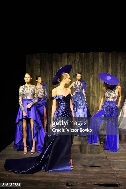 Models pose at the Mehmet Korkmaz presentation during Mercedes-Benz Istanbul Fashion Week September 2017 at Zorlu Center on September 13, 2017 in...