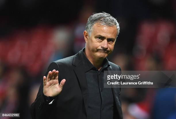 Jose Mourinho, Manager of Manchester United shows appreciation to the fans after the UEFA Champions League Group A match between Manchester United...