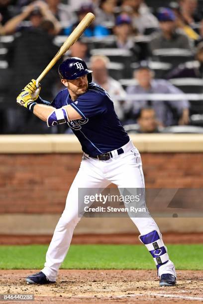 Trevor Plouffe of the Tampa Bay Rays bats against the New York Yankees at Citi Field on September 11, 2017 in the Flushing neighborhood of the Queens...