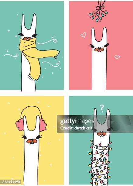 winterurlaub-lamas - alpaka stock-grafiken, -clipart, -cartoons und -symbole
