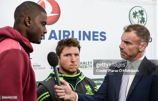 Belfast , Ireland - 13 September 2017; West Indies captain Jason Holder and Ireland's Gary Wilson is interviewed by Charles Dagnall, BBC, after the...