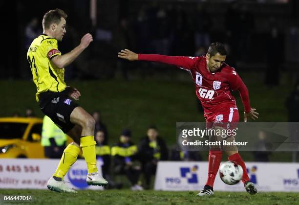 Karim Matmour of Adelaide United has a shot on goal which hits the post during the FFA Cup Quarter Final match between Heidelberg United FC and...