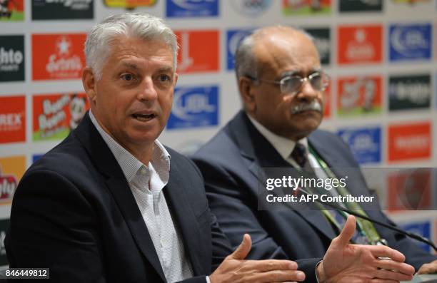International Cricket Council Chief Executive David Richardson addresses a press conference along with Chairman of Pakistan Cricket Board Najam Sethi...