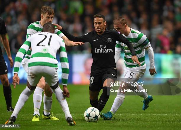 Neymar of Paris Saint Germain is surrounded by Olivier Ntcham , Stuart Armstrong and Leigh Griffiths of Celtic during the UEFA Champions League Group...