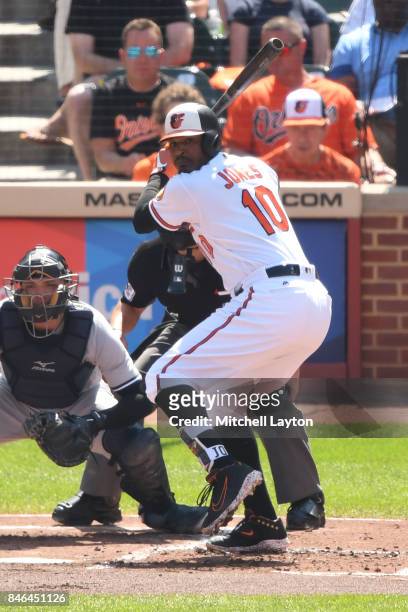 Adam Jones of the Baltimore Orioles prepares for a pitch during a baseball game against the New York Yankees at Oriole Park at Camden Yards on...