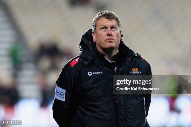 Head Coach Glenn Delaney of Canterbury looks on prior to the round five Mitre 10 Cup match between Canterbury and Counties Manukau on September 13,...