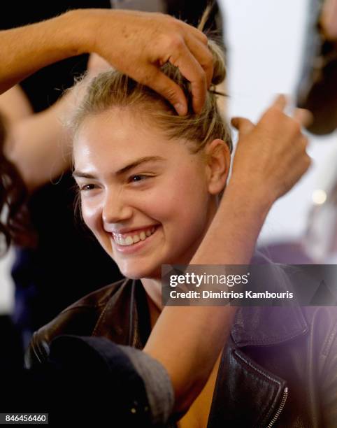 Kate Upton prepares backstage at Michael Kors Collection Spring 2018 Runway Show at Spring Studios on September 13, 2017 in New York City.