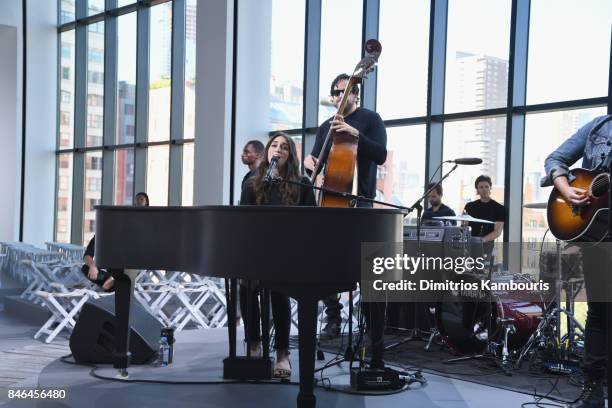 Singer Sara Bareilles rehearses before the Michael Kors Collection Spring 2018 Runway Show at Spring Studios on September 13, 2017 in New York City.