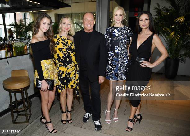 Carys Zeta Douglas, Naomi Watts, Michael Kors, Nicole Kidman and Catherine Zeta-Jones pose backstage at Michael Kors Collection Spring 2018 Runway...