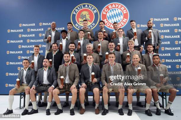 Players attend the FC Bayern Muenchen Paulaner photo shoot in traditional Bavarian lederhosen on September 13, 2017 in Munich, Germany.