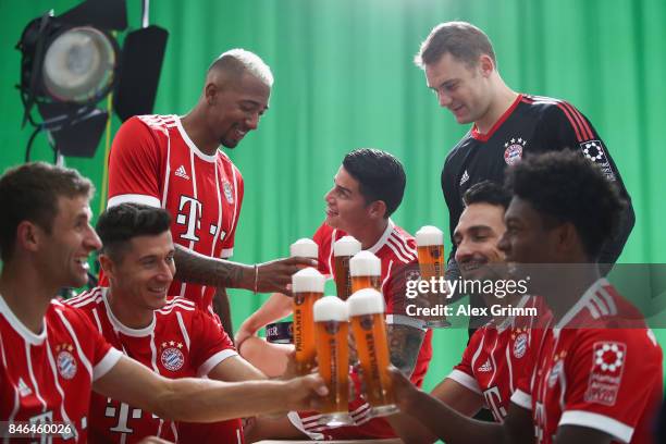 Thomas Mueller, Robert Lewandowski, Jerome Boateng, Robert Lewandowski, James Rodriguez, David Alaba and Manuel Neuer attend the FC Bayern Muenchen...