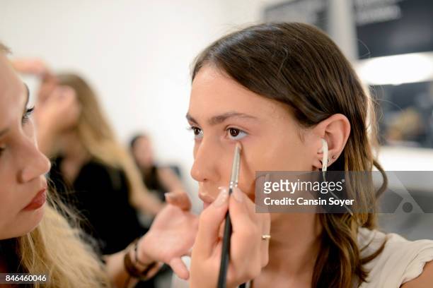 Model backstage ahead of the Umit Kutluk show during Mercedes-Benz Istanbul Fashion Week September 2017 at Zorlu Center on September 13, 2017 in...