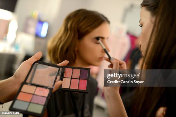 Model backstage ahead of the Umit Kutluk show during Mercedes-Benz Istanbul Fashion Week September 2017 at Zorlu Center on September 13, 2017 in...