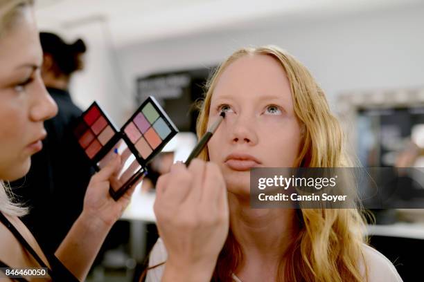 Model backstage ahead of the Umit Kutluk show during Mercedes-Benz Istanbul Fashion Week September 2017 at Zorlu Center on September 13, 2017 in...