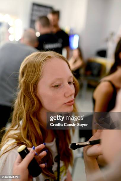 Model backstage ahead of the Umit Kutluk show during Mercedes-Benz Istanbul Fashion Week September 2017 at Zorlu Center on September 13, 2017 in...